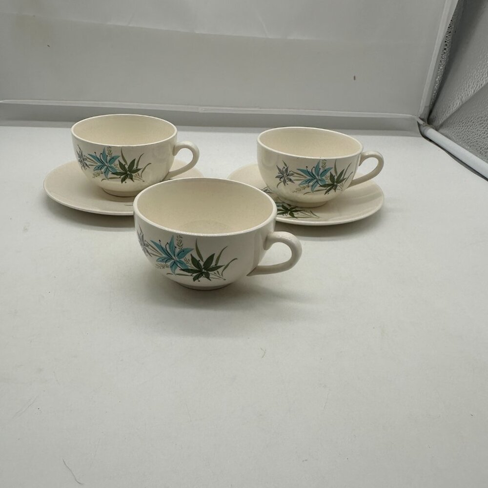 Vintage Sabin Set of 3 Cups & 2 Saucers  SAB76" Blue Green Gray  Flowers